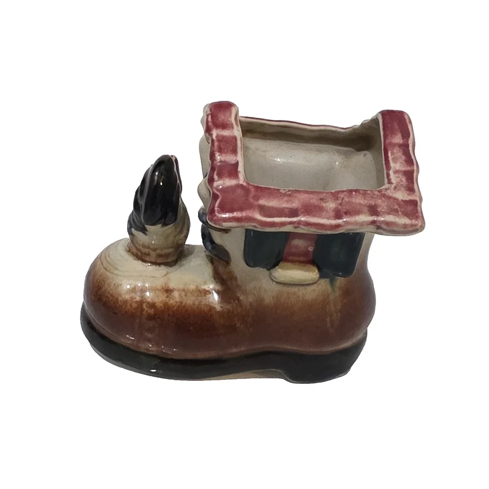Vintage Made In Occupied Japan 4.25” Ceramic Shoe/Boot House Planter W/Rooster